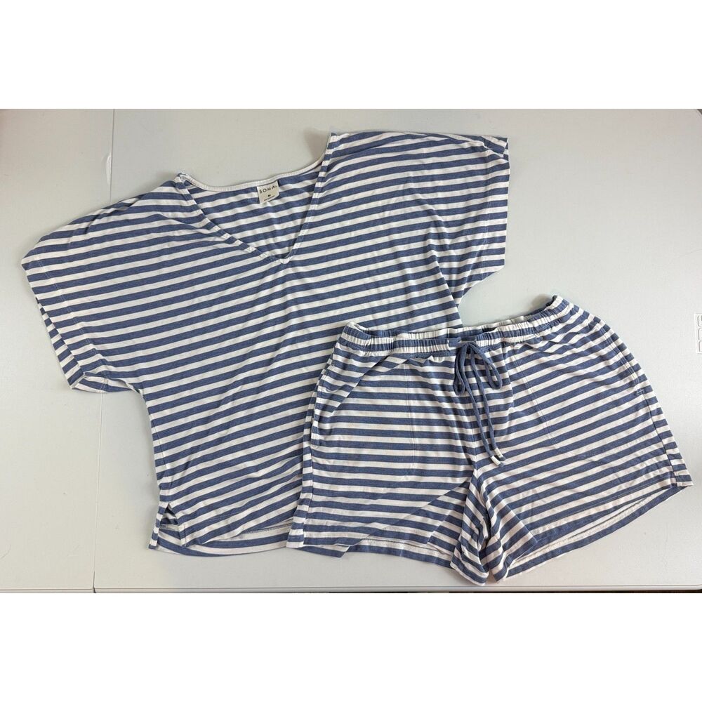 Soma Women’s Medium Blue White Striped Pajama Lounge Set V Neck Top Shorts